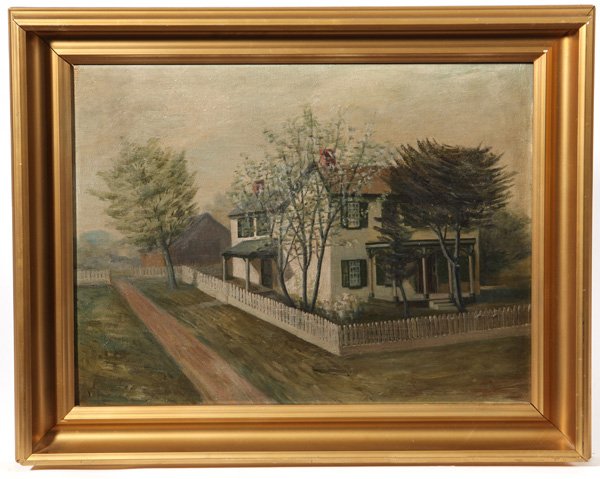 19th Century Painting of Plymire Family, Clinton, Ohio: A fine 16" h x 20" w oil on canvas painting of a home with white picket fence. An old tag on verso reads, "Where Philip Plymire and Effie Rice Went to housekeeping when married in 1882, Leo and Margar
