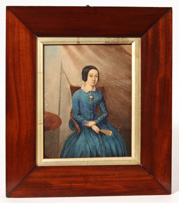 William Daniels (United Kingdom) Watercolor Painting:: William Daniels (United Kingdom 1813-1880) 9" H x 7" W watercolor of a lovely lady in a blue dress. Apparently a family member identified in verso as A.? Daniels, also signed in pencil on verso, "By W