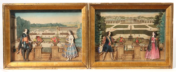 Two 18th Century French Copper Plate Engraving Dioramas: Each hand colored and titled on rear in original silver gilt shadowbox and gold leaf frames. 12.2" x 16”. Titles include “Vue du Jardin de St. Ildephonse, en Espagne, prise a droite” (View of th