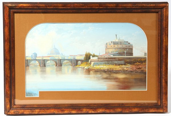 Y. Gianni (Italian) Watercolor and Gouache Painting: Y. Gianni (19th & 20th Century, Italian) 11" x 19" watercolor and gouache of San Angelo Castle, Rome, Italy. Signed, "Y. Gianni" lower left. A fine listed artist.