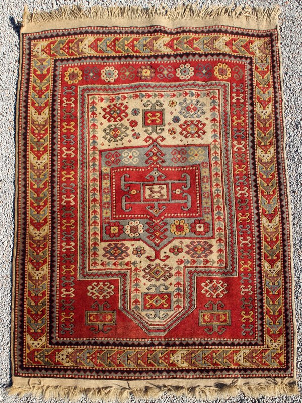 Semi Antique Oriental Estate Rug: 3'-9" x 4'-7", Nice muted color, geometric prayer type rug.