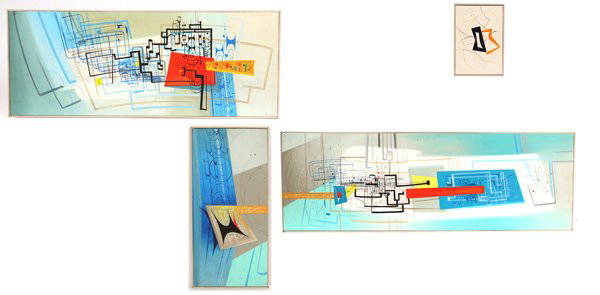 Edwin L. Fulwider (Ohio/Indiana) Quadtych Oil Paintings: Edwin L. Fulwider (Ohio/Indiana 1913-2003) mid-century modern quadtych grouping of oil on canvas on board. Measurements in the grouping, 14" x 36", 9" x 20", 16" x 48", and 9" x 6". Each is signed,