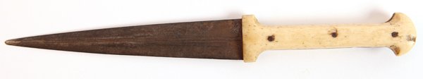 Fine Circa 1820 Naval Dirk: With unmarked 6” double edged steel blade with two full length fuller lines on each face with two piece shaped bone grips attached with three steel rivets and having nice old polished patina. Total 
