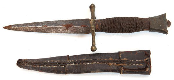 Fine European Dirk: With 5.5” double edged unmarked steel blade, cast brass bar type guard, and crown pommel with steel capstan rivet and front and rear collars on cordage wrapped wood grip, total length 10.5", with or