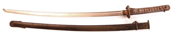 WWII Japanese NCO Shin-gunto Sword: A fine example of this type of edged weapon brought back by a U.S. soldier as a trophy of the war. This sword is factory made with a fine hardened steel 27.5” long single edged blade with full lengt