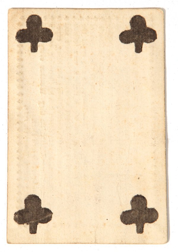 Rare American 1769 Patriotic Imprint: A 2.75” x 3.75” playing card, printed by John Holt on heavy laid paper card stock with American patriotic imprint on the back of a black printed four of clubs playing card entitled, “A CARD,”