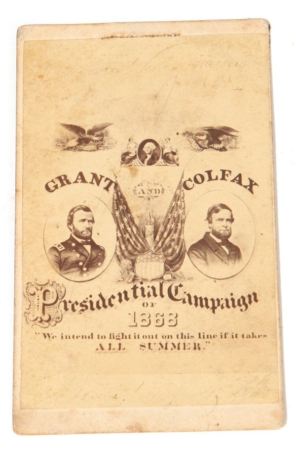 Rare Grant & Colfax Jugate CDV Photo: Albumen, likely of a campaign poster, showing oval portraits of each with smaller portrait of Washington above, and two spread winged bald eagles at top. Text reading, “Grant and Colfax, Presidentia