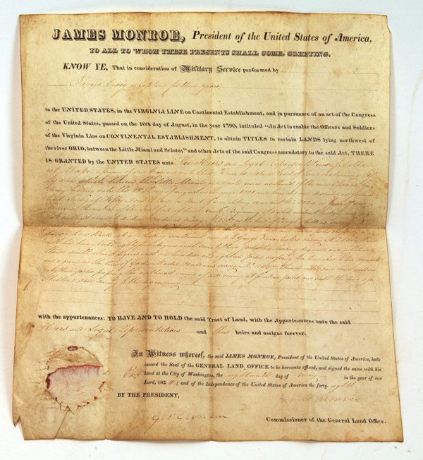James Monroe Autographed Rev. War Land Grant: A partially printed 12 x 15” document on vellum dated 1821 granting 50 acres of land in the Virginia Military District of Ohio to “James Craig, a Captain for three years”, signed below in ink by