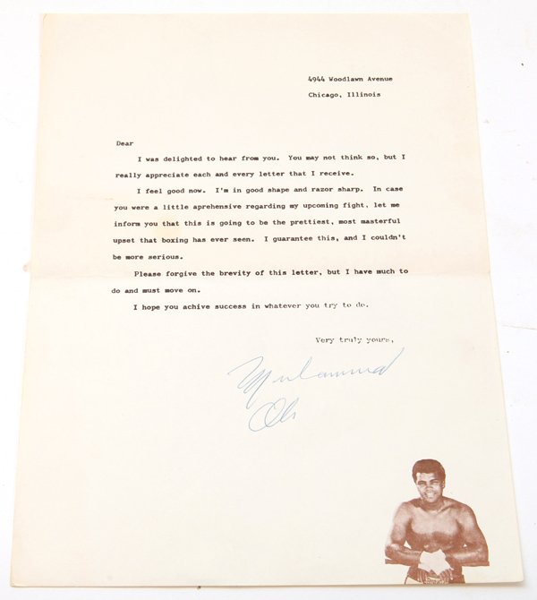 Muhammad Ali TLS: An illustrated typed single letter sheet with half-length portrait of the famous heavyweight boxer in lower right corner signed in ink at bottom of typed text. Letter reads as follows: “I was deligh