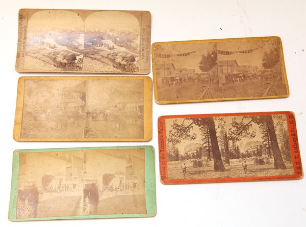 Group of Western Stereoviews: Lot of 5, all 3.5" x 7” albumen, including three by Kennedy & Reid of Hot Springs, Arkansas, entitled “Texas Emigrants”, “Union Ticket Office” & “Post Office & Japanese Store”; plus mark