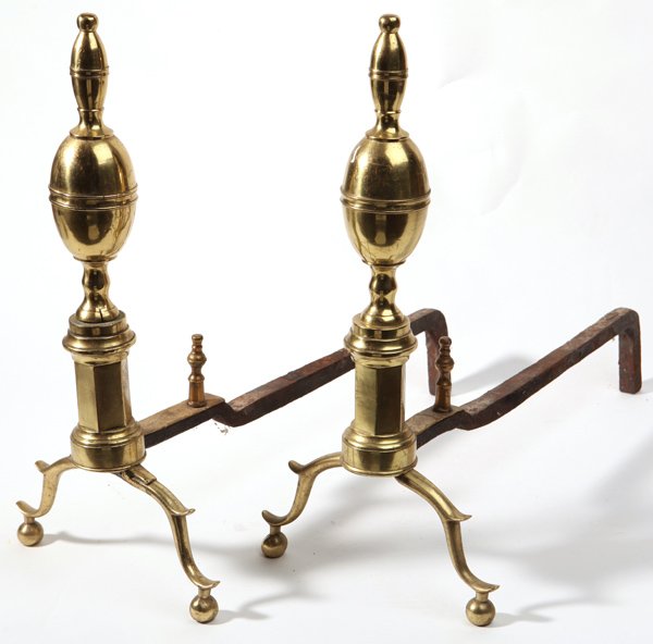 Lemon Top Period Brass Andirons: Late 18 th century with nice turned final and hexagonal plinth with scrolled brass feet with ball terminals, original wrought iron dogs, 9.5 x 20 x 19.5â€ high.