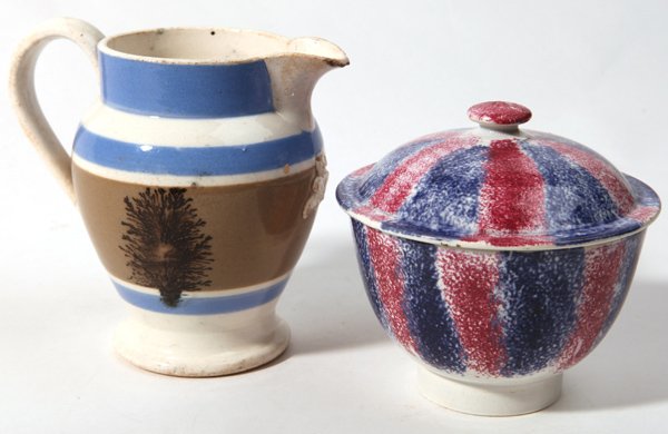 Rainbow Spatterware Sugar Bowl & Mocha Pitcher: Lot of two including a rainbow (blue & red) spatterware covered sugar bowl on pearlware body, 4.75â€ diameter x 4.5â€ high; & a mocha cream pitcher, banded with seaweed or dendritic decoration a