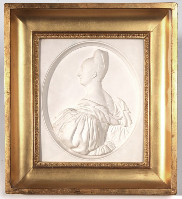 Framed Plaster Relief of Noble Lady: Signed lower left â€œLaimois/Oft. 1833â€ mounted in original gold leaf shadow box frame, 11.25 x 13â€.