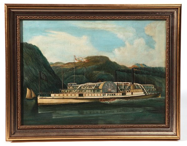 Johns 1862 Oil Painting of the Steamboat St. John: The St. John was one of the top sidewheel steamboats of its time. It traveled the Hudson River and was involved in a collision with The Pluto in March of 1868. Currier & Ives produced large folio prin