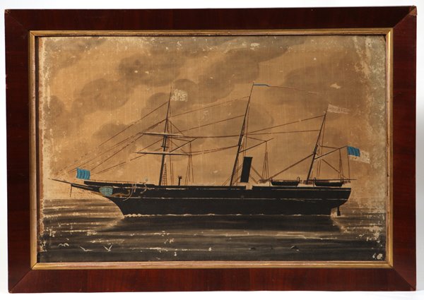 1863/4 Watercolor U.S. Stream & Sail Ship: A nice primitive watercolor ships portrait of a three masted ocean going propeller driven merchant ship flying U.S. flag with 35 stars, gilt and blue figurehead of winged serpent. The company pendant