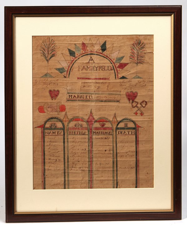 Pennsylvania Family Record Fraktur: All hand painted watercolor recording births and deaths in the Treadwell family done on laid paper with clasped hands, trees, paired hearts, crossed keys and more. Records the family of Agur A. Treadw