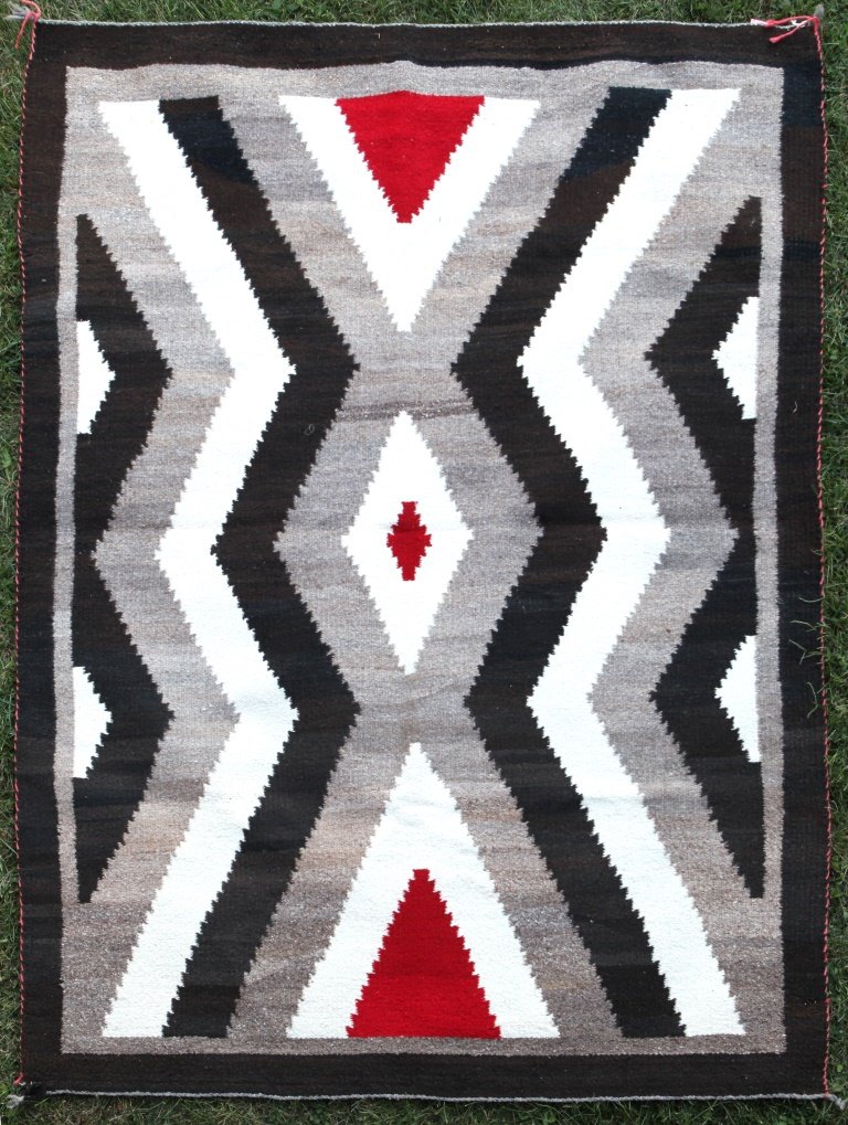 Large Native American Navajo Tribe Weaving: In nice geometric traditional pattern with diamond in center, 53.5 x 74â€.