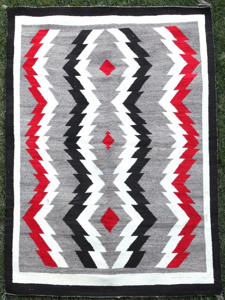Large Native American Navajo Tribe Weaving: In nice geometric pattern of lightning bolts, 51.5 x 69â€.