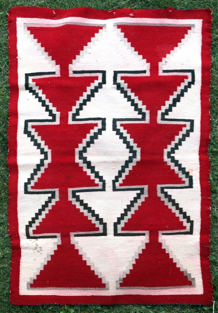 Native American Navajo Tribe Weaving: In stepped mesa pattern, 33 x 58â€.
