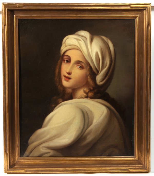 Girl in White Turban After Old Master Painting: A fine 19 th century oil on canvas copy of Old Master painting of a young girl in white turban and gown, 20 x 24, in original gold leaf frame 25 x 29â€.