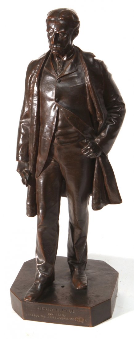 John Quincy Adams Ward Bronze Sculpture: Full length portrait of â€œHenry B. Hyde, founder of the Equitable Life Insurance Societyâ€, signed on side of base by Ward and marked on rear â€œThe Henry-Bonnard Bronze Co. Founders, N.Y.