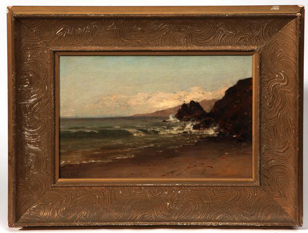Thomas Hill (California/Ma.) Seascape Oil Painting: Fine oil on canvas seascape painting by famous artist Thomas Hill (1829-1908). Immigrating from England in 1844, Thomas Hill came to America with his family as a youngster, and became one of America's