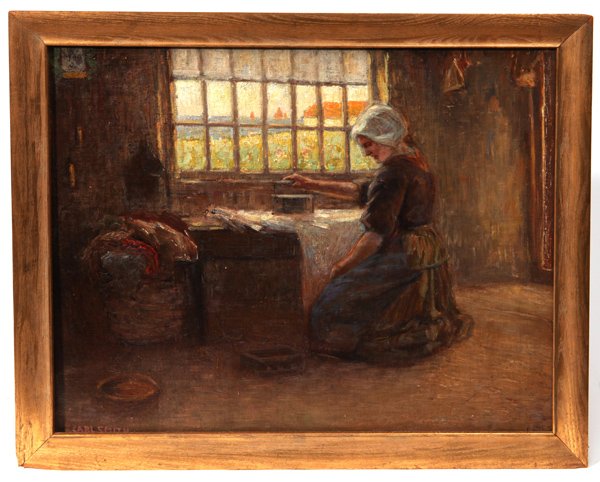 Frederick Carl Smith Oil Painting of Dutch Scene: Oil on board of interior scene of Dutch girl ironing clothes. Frederick Carl Smith (1868-1955 CA/District of Columbia/Ohio/Norway). Frederick Carl Smith was born in Cincinnati and studied at the Cinci