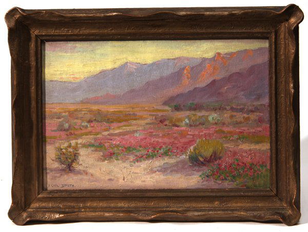 Frederick Carl Smith California Oil Painting: Oil on board. Written in pencil on back of frame, "Palm Springs, California Mts & Sand Verbur as in Spring time." Frederick Carl Smith (1868-1955 CA/District of Columbia/Ohio/Norway). Frederick Carl S