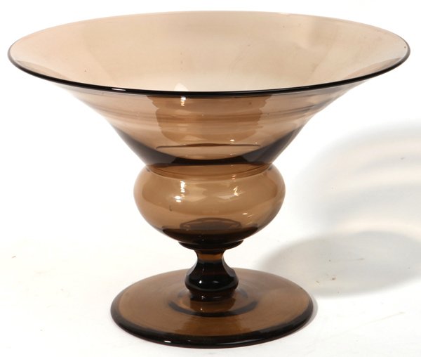 Steuben Compote: In Smokey brown color, with ground and polished pontil, 11.7â€ diameter x 8.25â€ high, unsigned.