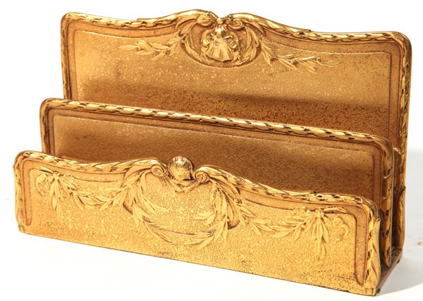 Tiffany Studios Gilt Bronze Letter Holder: Three tiered marked on base â€œTiffany Studios/New York/1826â€, 9 x 2.5 x 5.5â€ high.