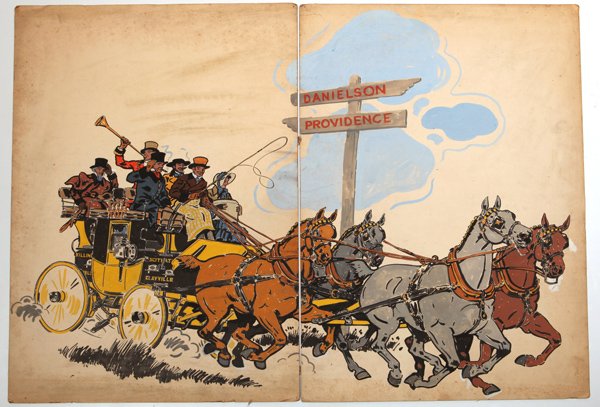 Harold G. Breul, Providence R.I. Illustration Art: Watercolor on heavy card stock of coaching scene, painted on two 20 x 30â€ pieces of card stock. Breul studied under Henry McCarter and specialized in painting and drawing horses and coaching scene