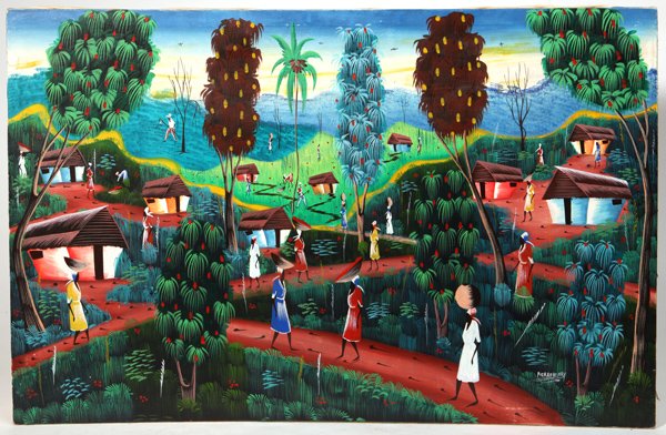 Pierre Henry (1924- ) Haitian Oil Painting: Oil on canvas of many figures and bright colors by listed artist, Pierre Henry. Signed lower right. 24" x 36"