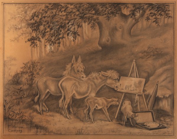 Florencio Molina Campos (CA/Argentina) Charcoal: F. Molina Campos (1891-1959) 12 1/4" x 16 1/8" charcoal on paper of a humerous scene of donkeys critiquing the artist work. Signed lower left, "F. Molina Campos." Born in Buenos Aires in 1891, known f