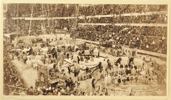 Large 1931 Ringling Bros, Barnum & Bailey Circus: A period silver gelatin photograph of the circus at Madison Square Garden, showing most of the performers gathered in the three rings of the performance space with the stands filled to capacity. From 