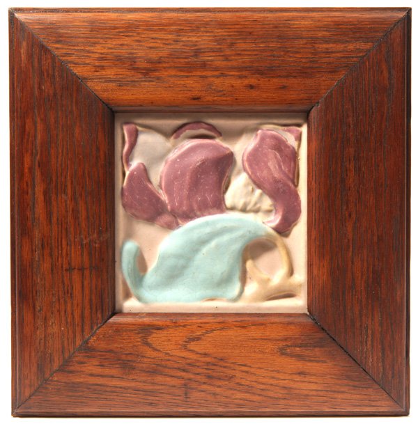 Rookwood Pottery Faience Tile: Rookwood Faience 6" x 6" tile with floral blossom, mat glaze, impressed with Rookwood logo and "1714Y, E353," in nice oak frame. 12" x 12".