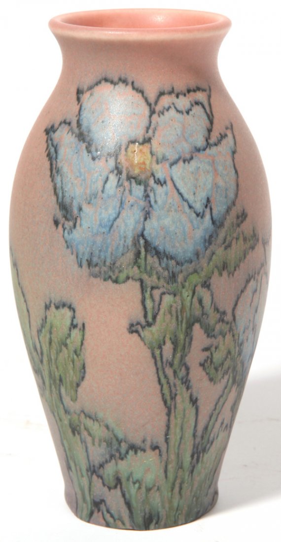 Rookwood Pottery Vase by Elizabeth Barrett: Rookwood mat glaze vase, 7" H, encircled with floral decoration on a mauve field. Signed by Elizabeth Barrett, impressed with Rookwood logo, and dated, "1924," numbered, "356E."