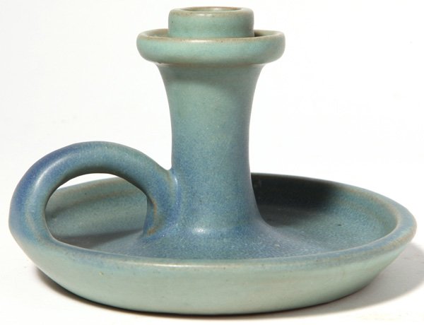 Early Van Briggle Pottery Finger Lamp: Green to blue mat glaze 4" H x 5 1/2" W. Signed, "Van Briggle."