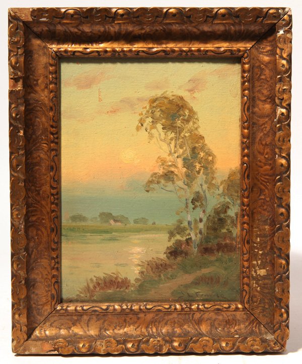 Jesse Leach France (Maine/Ohio) Oil Painting: Jesse Leach France (Maine/Ohio 1862-1926) 7 5/8" x 5 3/4" oil on board landscape along a river bank. Signed, "J. L. France," lower right corner.