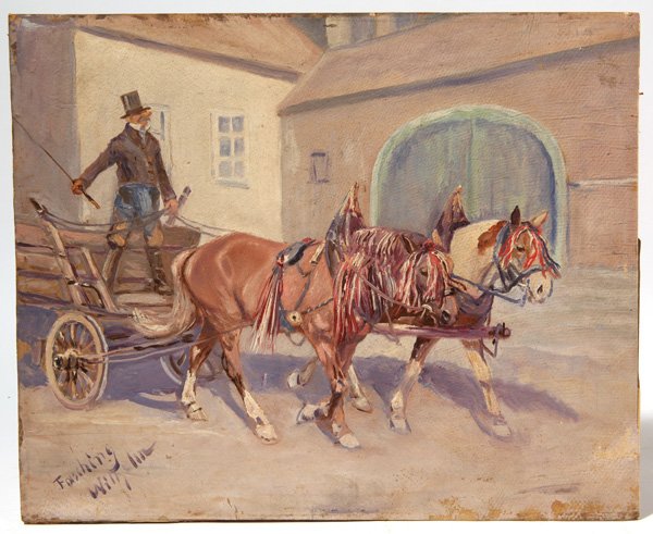 Lillian Wilhelm Smith (Arizona/New York) Oil on Board: Lillian "Wilhelm" Smith (1882-1971) 15 3/4" x 13" oil on board. Titled and signed "Fashing, Wilhelm" lower left. Signed and titled on verso, "For Ray Landon- Fasching by Mrs. Lillian "Wilhelm" Smith, 