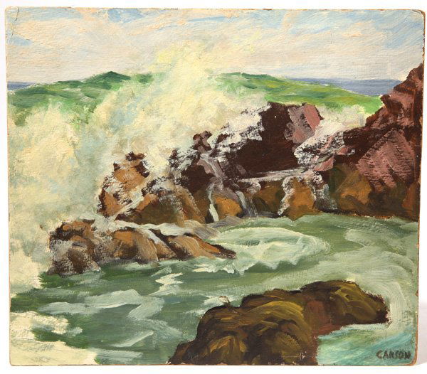 Frank Carson (MA/CA) Oil Painting: Frank Carson (Massachusetts/California, 1881-1968) 13 1/8" x 15" oil on board titled, "Breakers Near Pulpit Rock - Nahant." Signed, "Carson," lower right. Signed, "Frank Carson," and dated, "1919" on