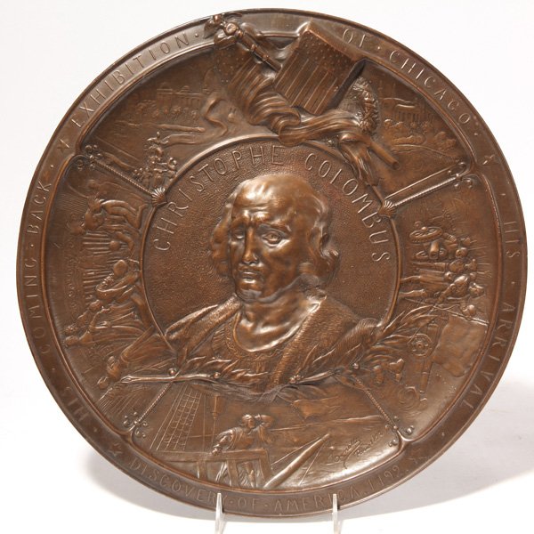 1892 Christopher Columbus Bronze Wall Plaque: Artist signed, "Gonetti? Paris 1892," bronze wall plaque made for the Chicago Exhibition in 1892 for the 400th anniversary of the discovery of America by Christoper Columbus. A great plaque with embos