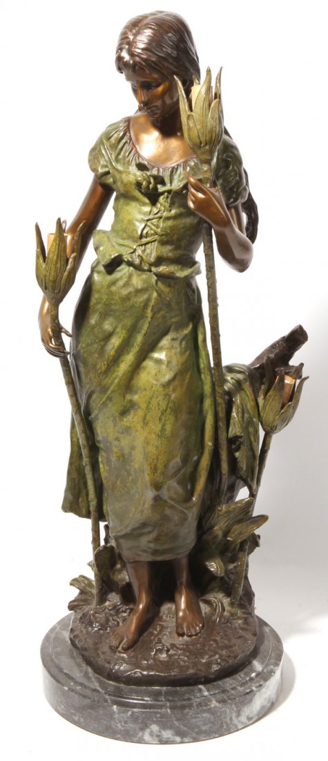 After H. Moreau Lighted Bronze Sculpture: Figure of a young lady holding lilies, with three electric light lillies, signed on base with black veined marble pedestal, in three color patination. 29.5" high.