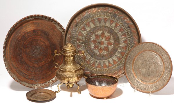 Group of Middle Eastern Copper & Brass: Lot of six all handmade, including a tri-metal (copper, brass & silver) round tray with brass base having applied copper, brass and silver overlay in geometric pattern, 19" diameter; plus 2nd tray in 