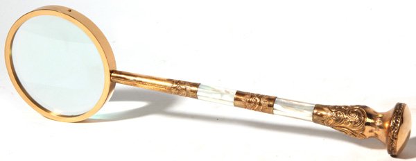 Victorian Magnifying Glass: With chased floral scroll and MOP on handle. 14.5" long.