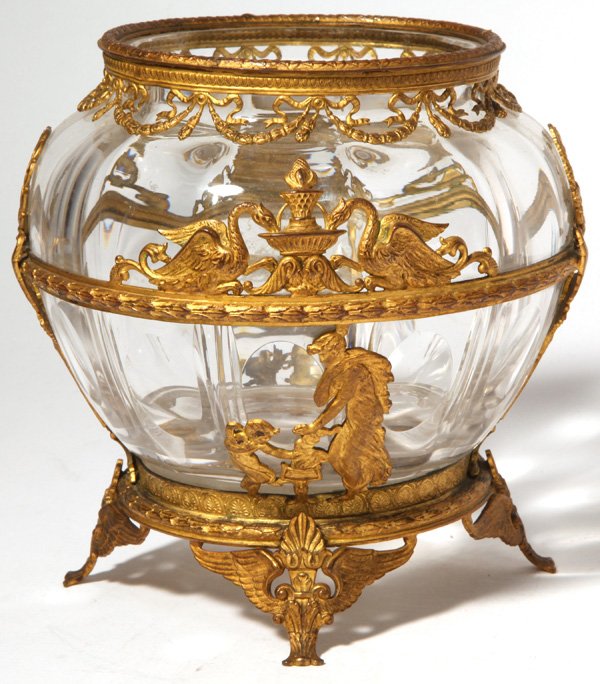 Ormolu Mounted Cut Glass Vase: Edwardian cut Connential vase with classical figures and animals in bronze ormalu overlay. 6" diameter x 6.5" high.