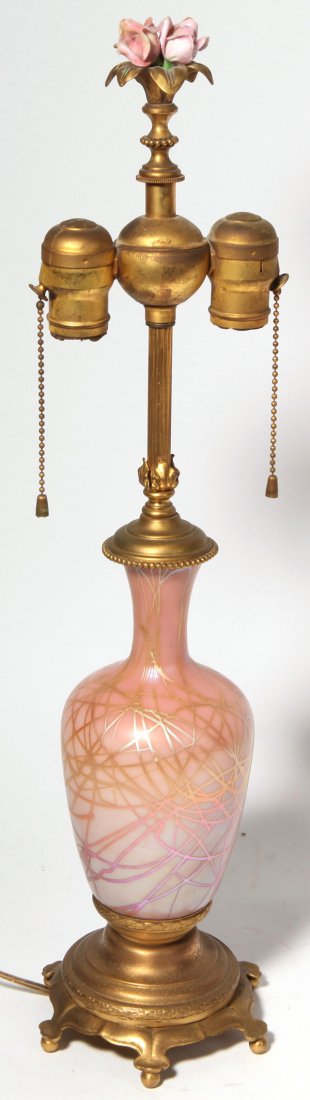 Durand "Lady Gay Rose" Art Glass Lamp: Durand Art Glass, irridescent "Lady Gay Rose" pink with gold vines. 23" H.