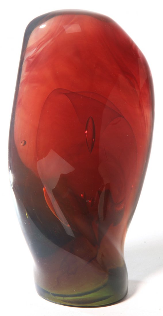 Dominick Labino "Emergence Series" Glass Sculpture: Early dated 1973 Emergence in Red sculpture with burgandy to purple trailing to olive green color. Signed, "Labino," and dated, "1973." Owner states was originally purchased in the 1980's for $5,000.
