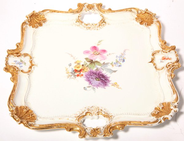 Large Meissen Porcelain Platter: Gilt shell form border with pierced handles and handpainted florals, signed with cross swords mark. 16 1/2" x 16 1/2".