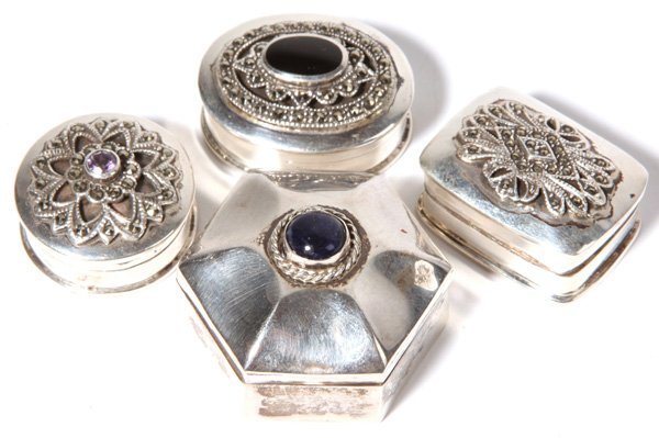 Four Silver Pill Boxes: All set with gem stones, unmarked. Largest is 1.35" diameter.