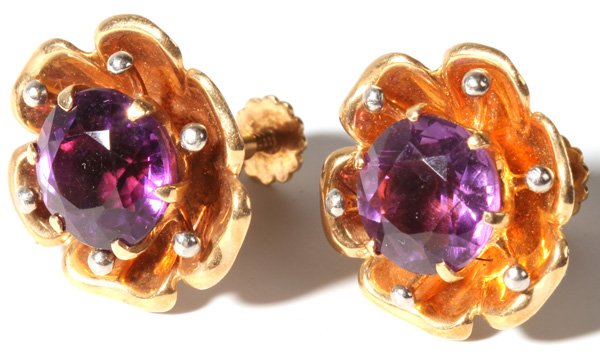 14K Gold and Palladium Screw Back Earrings: Earrings have amethyst stones. Total weight is 6.1 dwt. 3/4" dia.